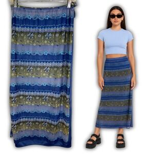 Y2K Womens S M Blue Green Striped Flower 2000s Long Straight Skirt Slit 90s